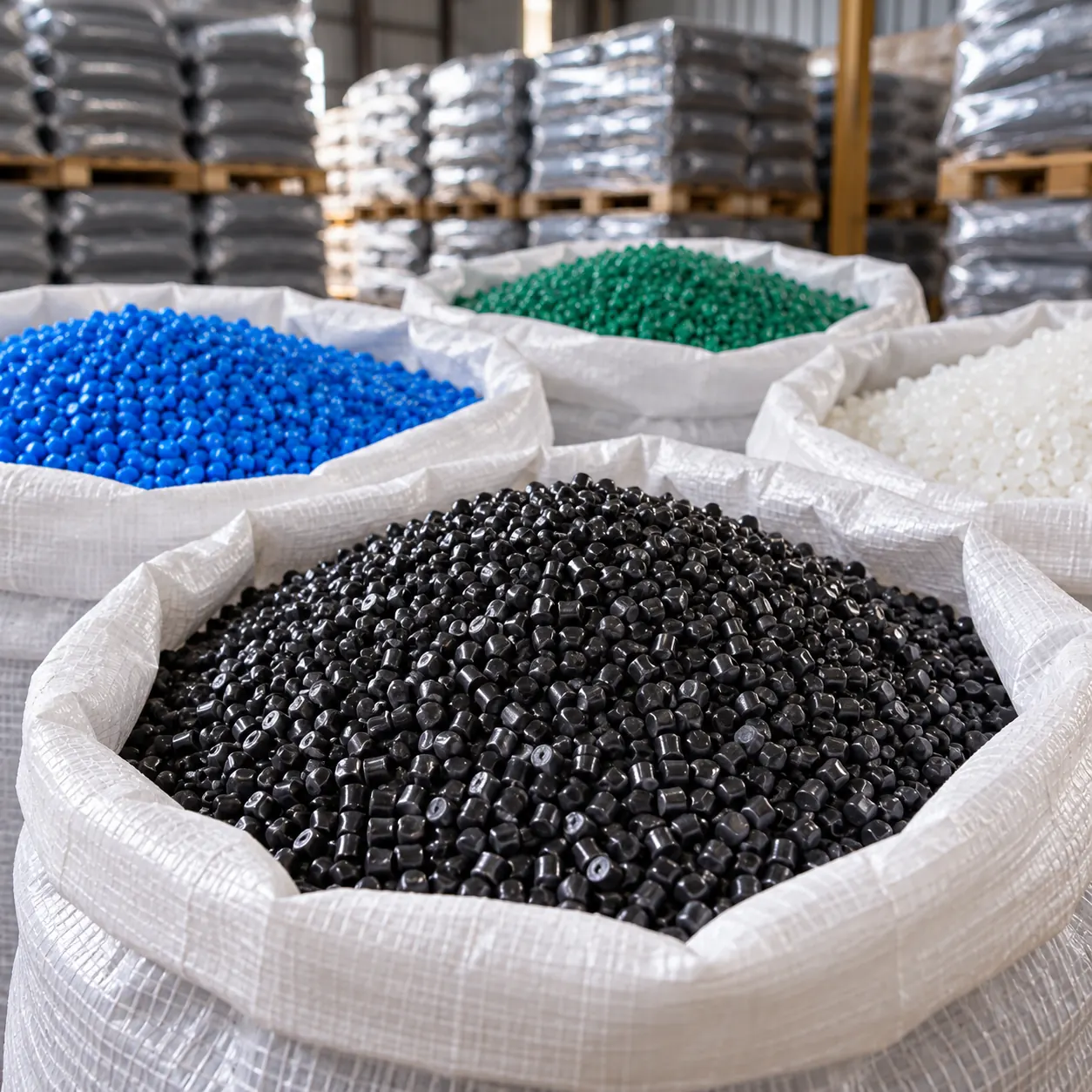 Bags of recycled polyethylene pellets