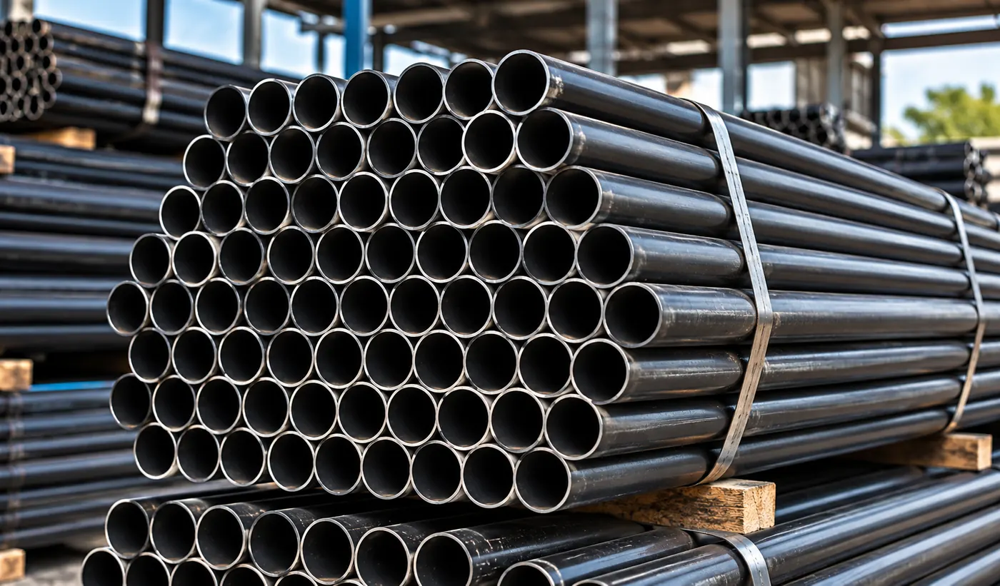 Stacked black steel pipes